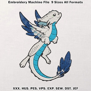 May include: An embroidery machine file featuring a stylized dragon design. The dragon is primarily white with blue accents on its wings, spine, and tail. The text "Embroidery Machine File 9 Sizes All Formats" is at the top, and file format abbreviations are at the bottom.