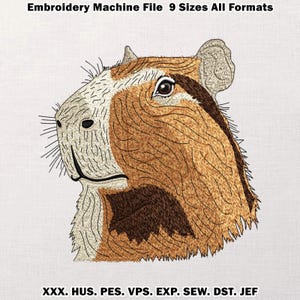 May include: An embroidery machine file featuring a detailed capybara head design. The image showcases the capybara's fur in shades of brown, tan, and white, with black accents for the eyes and mouth. The text at the top reads "Embroidery Machine File 9 Sizes All Formats."