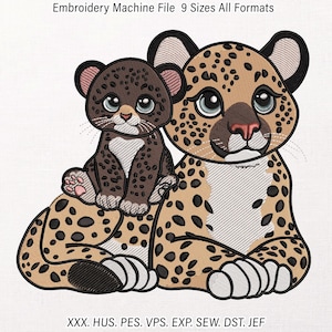Leopard Family Embroidery Design, Mother and Cub Safari Animal Motif (Manual Digitized Pet Stitch File, pes dst exp jef hus vp3 xxx emb)