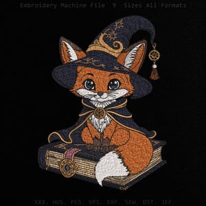 May include: An embroidery machine file design featuring a fox wearing a dark blue wizard hat with gold stars and a matching cape, sitting on a closed book. The text reads Embroidery Machine File 9 Sizes All Formats and XXX. HUS. PES. VPS. EXP. SEW. DST. JEF.