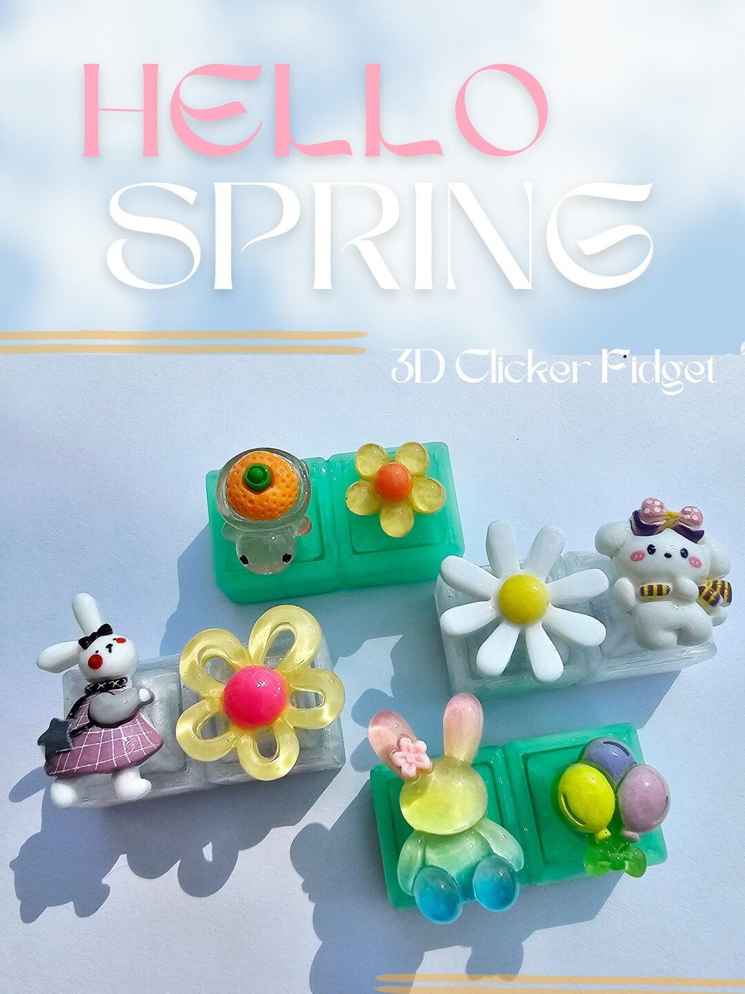 3D Printed Spring Keycap Keychain – Kawaii Fidget Toy, Pastel Bunny ...