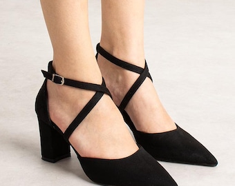 Tacones de novia cruzados de gamuza negra, zapatos de novia de gamuza negra, tacones altos de novia, zapatos de novia, zapatos de novia, zapatos de mujer, tacones de gamuza