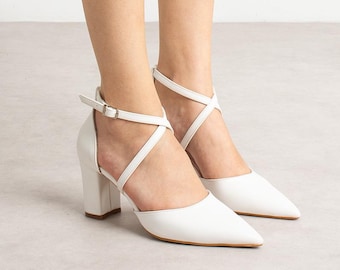 White Criss Cross Bridal Heels, White Bride Shoes, Bridal High Heels, White Bridal Shoes, Wedding Women Shoes, White Block Heels