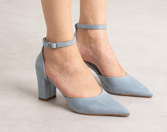 Zapatos de tacón de novia de ante azul claro, Zapatos de novia de ante azul claro, Tacones altos de novia, Zapatos de novia, Zapatos de novia, Zapatos de mujer, Tacones de bloque para bodas