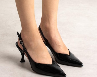 Black Slingback Heels, Black Bride Shoes, Women Slingback Heels, Black Bridal Shoes, Bride Shoes, Wedding Women Shoes,