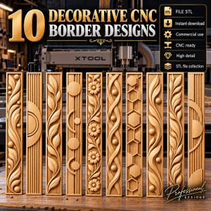 May include: A collection of 10 decorative CNC border designs featuring wood-carved patterns including leaves, flowers, geometric shapes, and circles. The image displays the text 10 DECORATIVE CNC BORDER DESIGNS and FILE STL, Instant download, Commercial use, CNC ready, High detail, STL file collection.