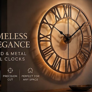 May include: A large, round wall clock with Roman numerals, made of wood and metal. The clock has a dark brown finish and black hands. The words "TIMELESS ELEGANCE" and "WOOD & METAL WALL CLOCKS" are displayed. The clock is approximately 30 inches in diameter.