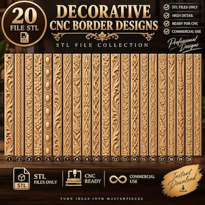 May include: A collection of 20 decorative CNC border designs in STL file format. The image displays twenty distinct vertical wood-carved patterns featuring floral, vine, and geometric motifs, labeled 1 through 20, with text including 20 FILE STL.