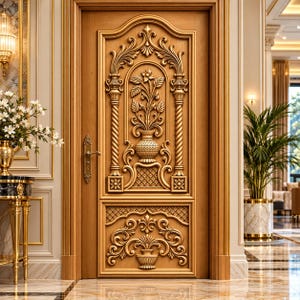 May include: A light brown wooden door featuring intricate carved details, including two vertical columns with twisted patterns and two central panels displaying embossed floral motifs in vases. A gold metal handle is attached to the left side.
