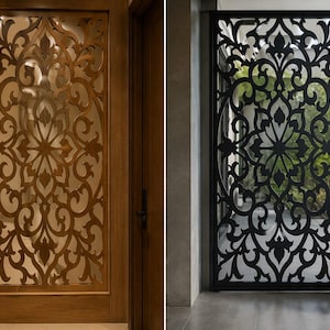 May include: Two decorative screens with intricate, symmetrical patterns. One is made of wood with a warm, brown finish, and the other is black metal. Both screens feature a floral design, adding an elegant touch to interior spaces.