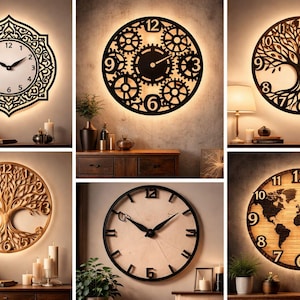 May include: Collection of decorative wall clocks with illuminated backlights. Designs include a mandala, gears, a tree of life, a world map, and a simple clock face. Each clock has a unique design and a circular shape.