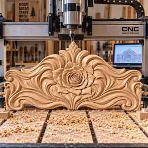 May include: A light-colored wooden headboard panel featuring a central carved rose motif surrounded by intricate, symmetrical scrolling acanthus leaf patterns. The piece is positioned on a CNC machine bed with wood shavings scattered across the surface.