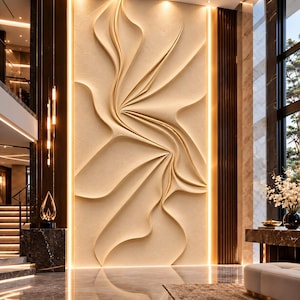 May include: A large, rectangular wall panel featuring a beige, three-dimensional relief sculpture with fluid, wave-like curves. The panel is framed by vertical LED light strips on both sides, creating a soft, warm glow against the textured surface.