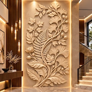 May include: A large, vertical wall panel featuring a beige, three-dimensional relief sculpture of botanical elements, including ginkgo leaves, fern fronds, and flower buds, illuminated by vertical LED strips on both sides of the artwork.