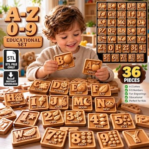 May include: A 36-piece educational set of square wooden tiles featuring embossed letters A-Z and numbers 0-9. Each tile displays a corresponding object or quantity, such as an apple for A or a ball for B, with clear text labels for each item.