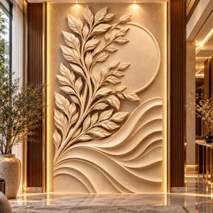 May include: A beige wall panel featuring a three-dimensional relief sculpture of a leafy branch extending upward. The design includes a large circular shape behind the foliage and flowing, wave-like horizontal lines at the base.