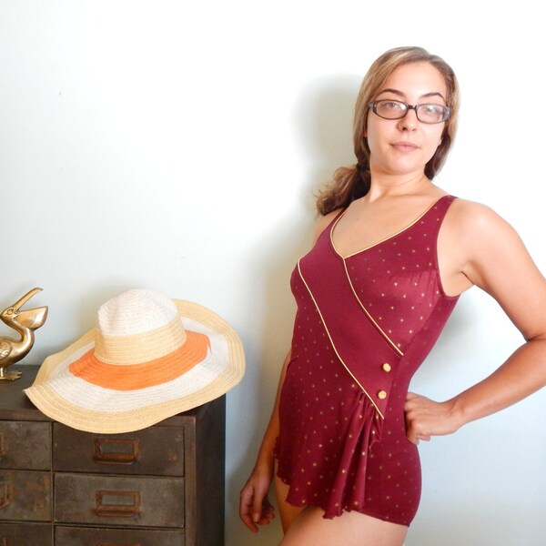 Vintage 80's Maroon & Gold Bathing Suit One Piece S / M