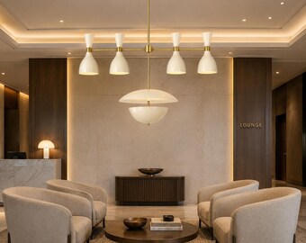 Italian Stilnovo Brass Chandelier, Mid Century Modern Opal Glass Pendant Light
