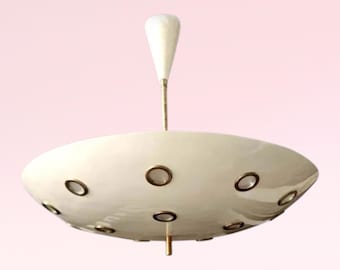Mid Century Modern Brass Sputnik Chandelier, White Glass Ceiling Lamp Fixture