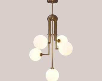 Brass Globe Chandelier 5 Light, Mid Century Ceiling Light, Modern Sputnik Fixture, Milk Glass Orb Pendant Lamp