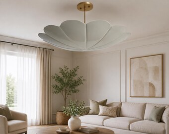 Mid Century Blumen-Leuchter, Weißer Lotus Pendelleuchte, Messing-Deckenleuchte, Statement-Beleuchtung