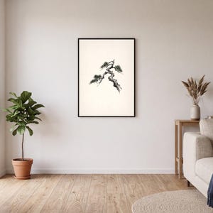 Arte de parede com galho de pinheiro, pintura japonesa Sumi-e para impressão, impressão com pincel de bonsai zen, decoração asiática minimalista, download digital.