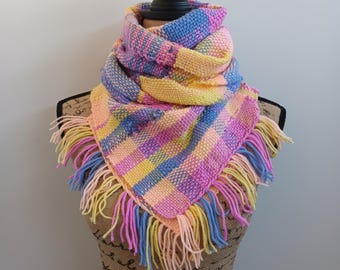 Bright Cottagecore Shawl — Handwoven Scarf in Soft Pink, Wool-Acrylic Blend — Cozy Textured Wrap