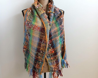 Handwoven Hooded Scarf – Wool Blend Shawl with Hood – Cozy Boho Wrap – Cottagecore Festival Accessory