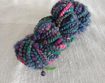 Handspun Art Yarn with Bells & Beads – OOAK Textured Fiber for Weaving