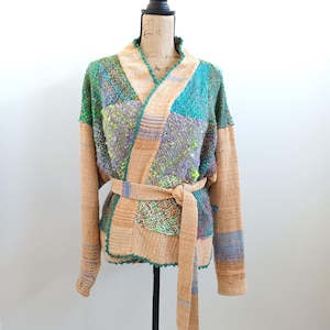 Handwoven Patchwork Jacket: Sustainable Fiber Art Clothing, Mixed Reclaimed Yarns