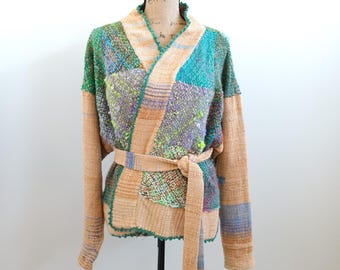 Handwoven Patchwork Jacket: Sustainable Fiber Art Clothing, Mixed Reclaimed Yarns