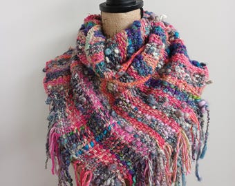 Bright Handwoven Infinity Scarf – Wool Acrylic Cozy Scarf – Artisan Boho Style Gift