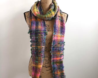 Long Textured Handwoven Scarf with Pom Poms