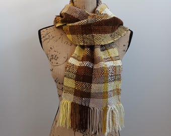 Handwoven Plaid Scarf: Brown Wool Blend Shawl
