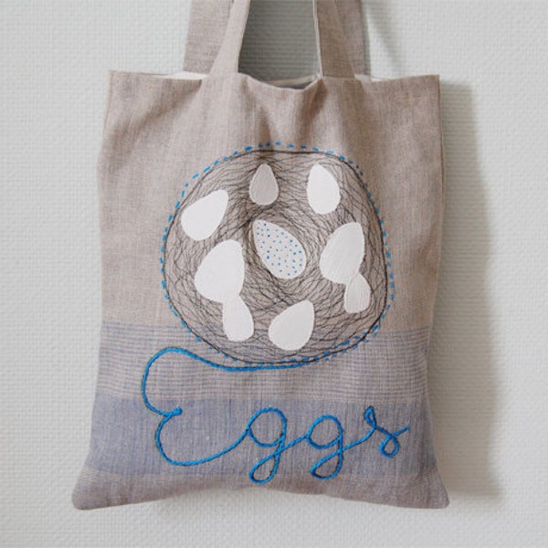 Linen tote bag. Garden Bag. Fresh Eggs. Applique tote bag. Shopping bag.