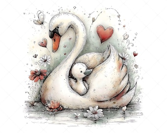 22 wunderliche Vogelmütter und Baby Clipart JPG Set | Märchenbuch Kinderzimmer Illustration