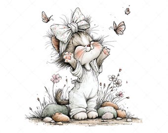 18 wunderliche Kätzchen Clipart Bundle JPG Set | Niedliche Schleifen Katzen Illustrationen | Soft Aquarell Bilderbuch JPG Nursery Art