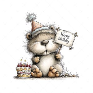 Whimsical beaver illustration clipart design with a birthday theme. The beaver wears a party hat decorated on its head and holds a sign that says “HAPPY BIRTHDAY” in its hands. Next to it is a birthday cake with candles and frosting.