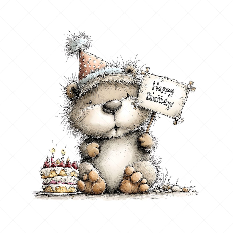 Whimsical beaver illustration clipart design with a birthday theme. The beaver wears a party hat decorated on its head and holds a sign that says “HAPPY BIRTHDAY” in its hands. Next to it is a birthday cake with candles and frosting.
