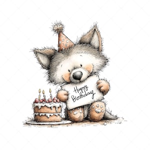 Whimsical wolf illustration clipart design with a birthday theme. The wolf wears a party hat decorated on its head and holds a sign that says “HAPPY BIRTHDAY” in its hands. Next to it is a birthday cake with candles and frosting.