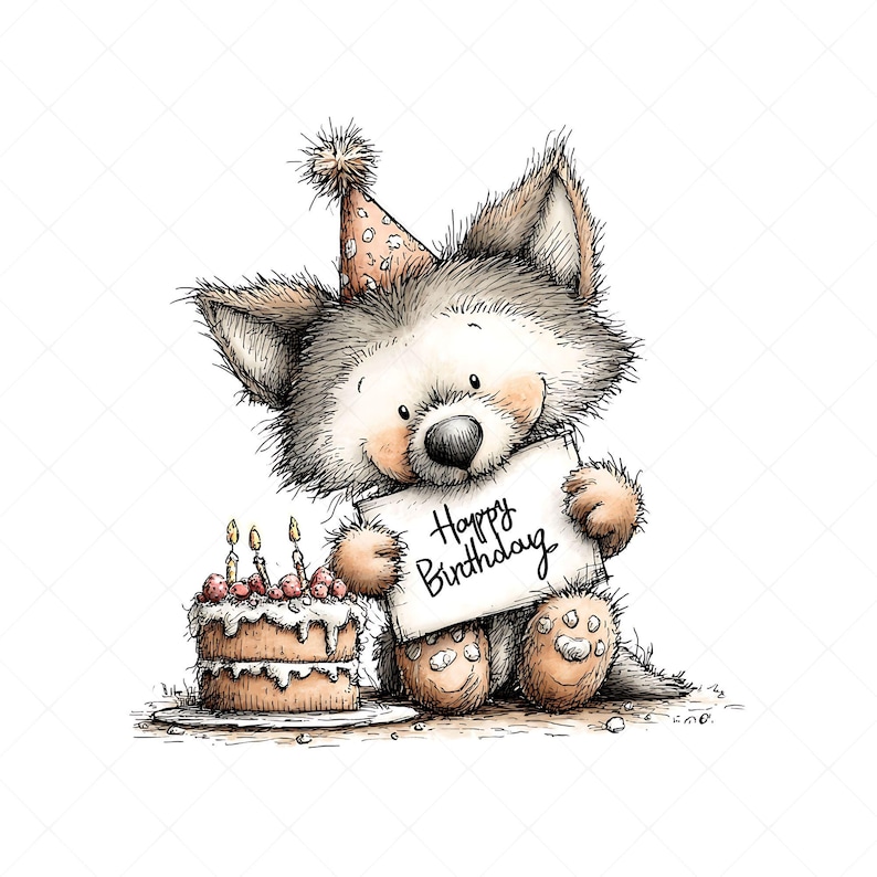 Whimsical wolf illustration clipart design with a birthday theme. The wolf wears a party hat decorated on its head and holds a sign that says “HAPPY BIRTHDAY” in its hands. Next to it is a birthday cake with candles and frosting.