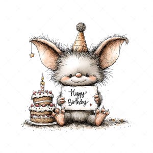 Whimsical bat illustration clipart design with a birthday theme. The bat wears a party hat decorated on its head and holds a sign that says “HAPPY BIRTHDAY” in its hands. Next to it is a birthday cake with candles and frosting.