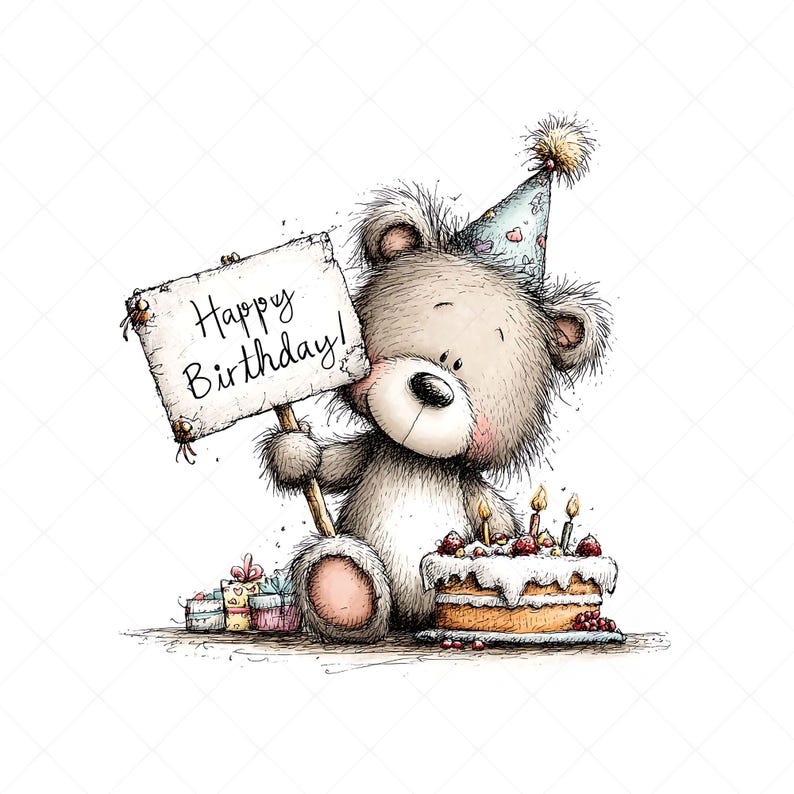 Whimsical bear illustration clipart design with a birthday theme. The bear wears a party hat decorated on its head and holds a sign that says “HAPPY BIRTHDAY” in its hands. Next to it is a birthday cake with candles and frosting.