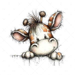 May include: A whimsical illustration of a giraffe with a friendly expression. The giraffe has a white face with brown spots, large ears, and a tuft of hair. It is peeking over a textured, white surface, with its paws visible.