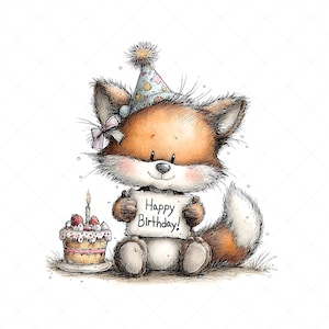Whimsical fox illustration clipart design with a birthday theme. The fox wears a party hat decorated on its head and holds a sign that says “HAPPY BIRTHDAY” in its hands. Next to it is a birthday cake with candles and frosting.