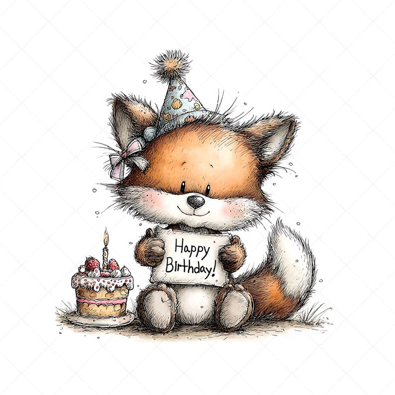 Whimsical fox illustration clipart design with a birthday theme. The fox wears a party hat decorated on its head and holds a sign that says “HAPPY BIRTHDAY” in its hands. Next to it is a birthday cake with candles and frosting.