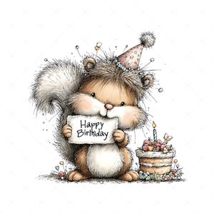 Whimsical squirrel illustration clipart design with a birthday theme. The squirrel wears a party hat decorated on its head and holds a sign that says “HAPPY BIRTHDAY” in its hands. Next to it is a birthday cake with candles and frosting.