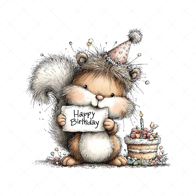 Whimsical squirrel illustration clipart design with a birthday theme. The squirrel wears a party hat decorated on its head and holds a sign that says “HAPPY BIRTHDAY” in its hands. Next to it is a birthday cake with candles and frosting.