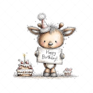 Whimsical deer illustration clipart design with a birthday theme. The deer wears a party hat decorated on its head and holds a sign that says “HAPPY BIRTHDAY” in its hands. Next to it is a birthday cake with candles and frosting.