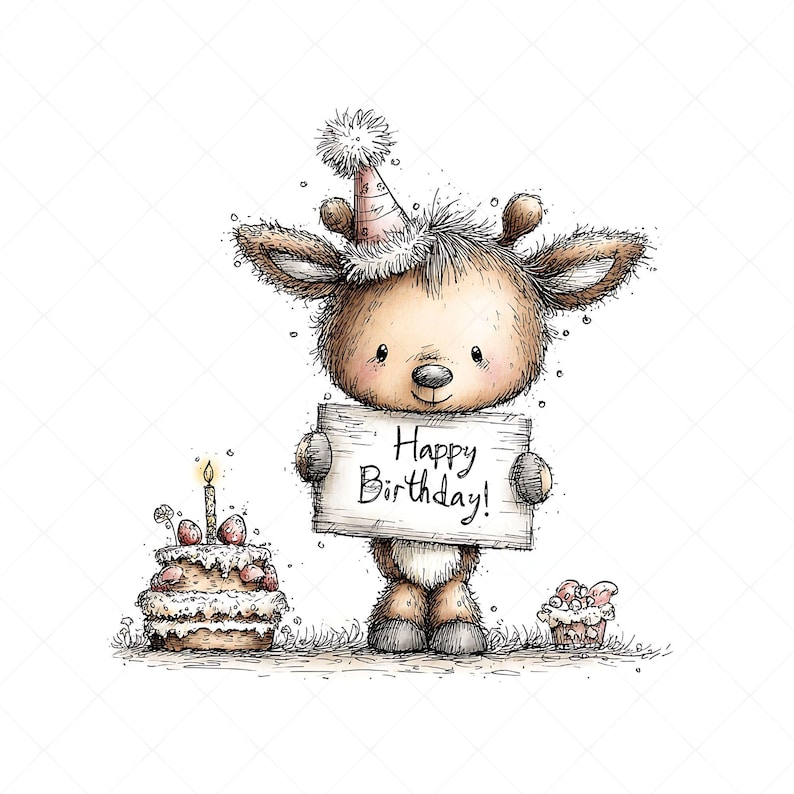 Whimsical deer illustration clipart design with a birthday theme. The deer wears a party hat decorated on its head and holds a sign that says “HAPPY BIRTHDAY” in its hands. Next to it is a birthday cake with candles and frosting.